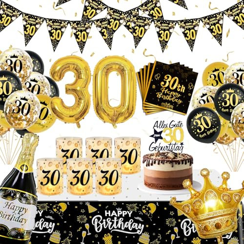 WINAROI 30 Geburtstag Deko Männer Frauen, 30. Schwarz Gold Luftballons mit Windlicht Tischdeko Servietten Tischdeck, Deko 30. Geburtstag Luftballons, Birthday Party Decorations