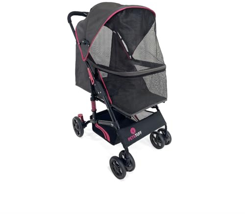 PETS TUFF 22” Buddy Buggies Foldable Pet Stroller - Shock Absorbing Frame with Storage - Machine Washable Fabric - Durable Mesh & UV Protected Retractable Canopy - Cat & Dog Stroller Up to 30lb
