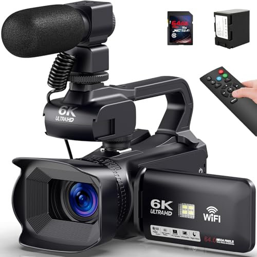 Caméscope 6K 64MP Écran Tactile 18X Zoom Numérique Vision Nocturne Infrarouge Vlogging Caméra pour YouTube, Caméra vidéo WiFi avec Pile 4500mAh, Carte SD 64 Go,Stabilisateur,Microphone et Télécommande