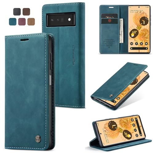 owlhold Handyhülle für Google Pixel 6 Pro klapphülle Premium Lederhülle Weiches Vintage-Nubukleder Faltbare Handytasche Ständer Schutzhülle Kartenfach Standfunktion hülle Google Pixel 6 Pro - Blaugrün
