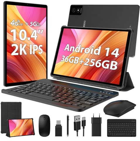 WOREGOO 2K Tablet 10.4 Pollici Android 14, 36GB RAM+256GB ROM(TF 1TB), Octa-Core 2.0Ghz, Dual 4G LTE+5G WiFi, Face ID/8000mAh/OTG/8MP+13MP/BT5.0/GPS/GMS, Tablet con Tastiera e Mouse, Nero