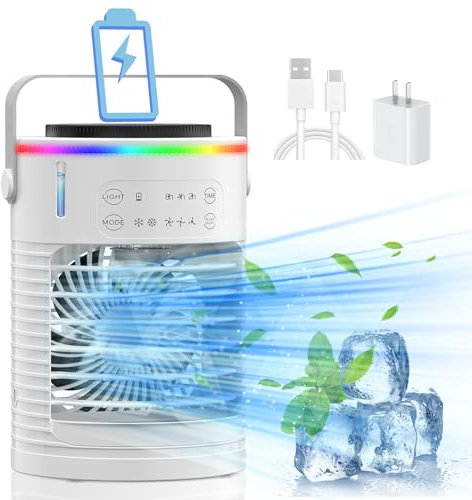 Condizionatore d'aria portatile alimentato a batteria, ventilatore ricaricabile con batteria da 6000 mAh, dispositivo di raffreddamento personale con nebbia, timer e luce, mini ventola di