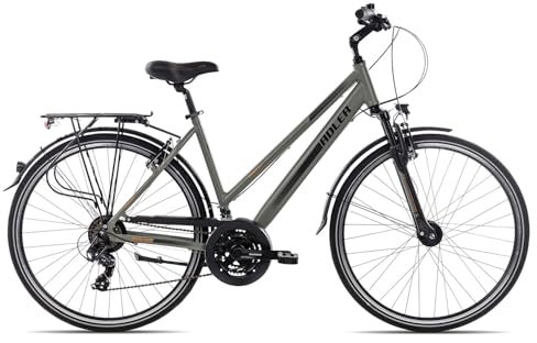 Adler Verona Trapez Damenrad 28 Zoll 21 Gang Trekkingrad aus Aluminium, Farbe:khakigrey Black orange matt, Rahmengröße:50 cm, Laufradgröße:28 Zoll