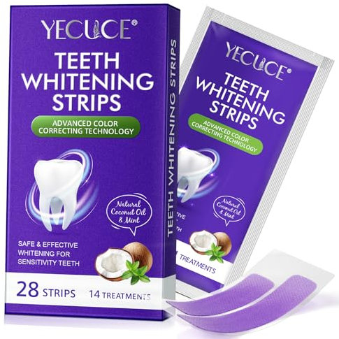 Tiras blanqueadoras moradas, tiras profesionales de blanqueamiento de dientes, 14 paquetes, 28 unidades, tecnología de tira seca antideslizante segura para dientes más blancos, resultados rápidos de
