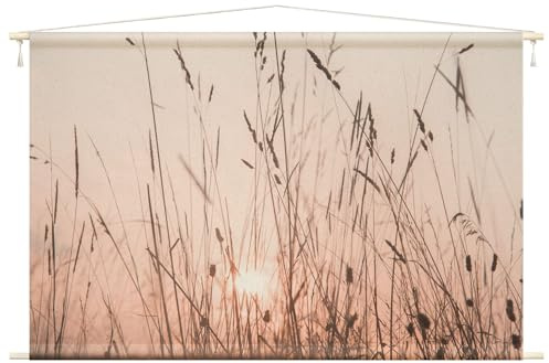 micasia Wandteppich Monika Strigel Botanik Stoffbild inkl. Holzstäbe & Seile Wanddeko - Made in Germany - Gräser Landhaus beige Wohnzimmer Schlafzimmer Wandbehang 1665 (110x73cm)