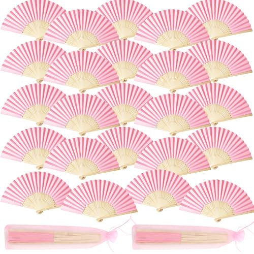 Hand Fan Folding Paper Fans Handheld Fan Folding for Women – 24 Pcs Rosa Bamboo Paper Hand Fans with Organza Bags, DIY Blank Folding Fans for Wedding, Tea Party, Church, Cosplay, Decorations, Gifts