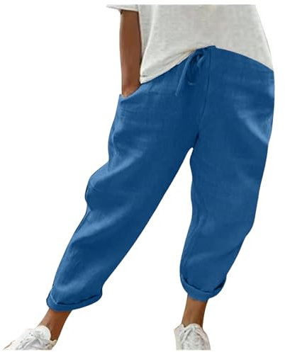 Leinenhose für Damen, Baumwolle, locker, trendig, Sport, Jeans, Sommertuch, Kordelzug, Büro, Yoga, Basketball, Fahrrad, Reitanzug, Hose, Business für Frauen, blau, S