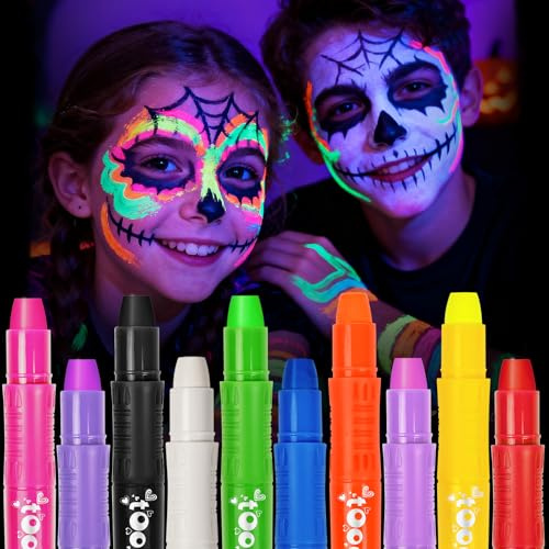 10 Neon Face Paint Sticks Glow in the Dark, UV Body Paint Crayons for Kids | Washable Temporary Tattoo Pens for Adult, Blacklight Glow Party Accessories Halloween Cosplay Festivals Makeup Birthday Gifts