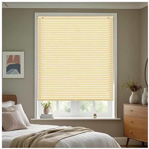 J.Din Natural Wood Grain Effect Made To Measure PVC Venetian Window Blinds Easy Fit Windows Treatment Curtains 25mm Slats Wooden Shutters Child Safe Fittings 174W x 150H cm