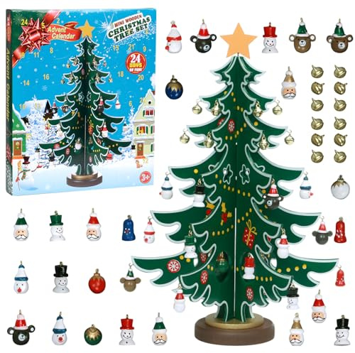 Joyesplay Weihnachten Adventskalender 2025 Mini Weihnachtsbaum 24 Tage Countdown Kalender mit Desktop Ornamente DIY Schneemann Weihnachtsmann Ornamente