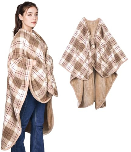 SIVENKE Damen Poncho Fleece Tragbare Decke Flanell Schal Decke Bequemer Poncho-Überwurf Cape mit Knöpfen und Taschen für Bett, Sofa, Büro