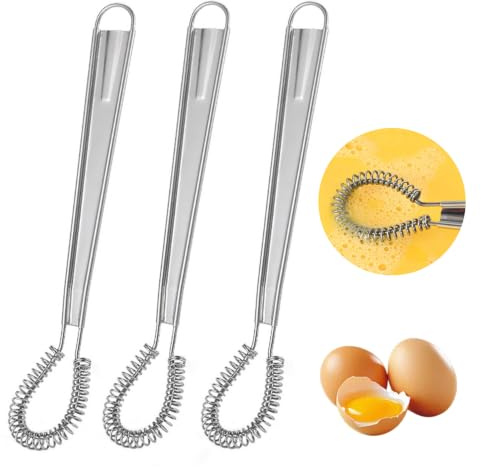 3 Pack Stainless Steel Mini Whisks Hand Beaters, Spring Coil Wire Egg Beater, Handheld Small Egg Stirrer E-gg Whisk Beater, Manual Hand Whisker for Coffee Sauce Milk Mixing Cooking Baking