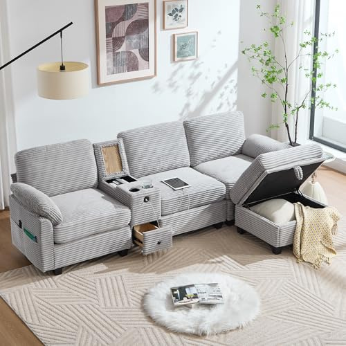 Ligterra Ecksofa mit Schlaffunktion, Sofa l Form mit Schlaffunktion, Großes Cord-Sofa mit Abnehmbare Mittelkonsole, USB-C-Anschluss, Beweglicher Stau-Ottoman, für Wohnzimmer (Hellgrau)