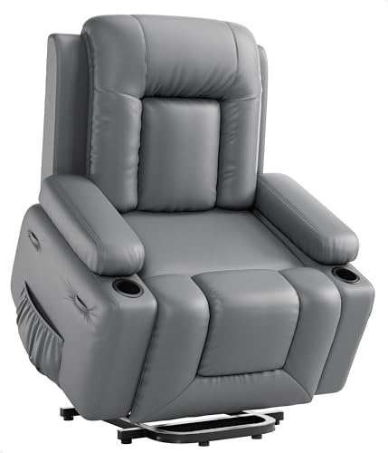 Elektrischer Relax- & Massagesessel mit Aufstehhilfe, Heizung, Liegefunktion und verstellbarer Rückenlehne/Beinauflage – PU-Leder Fernsehsessel für Senioren und Personen mit eingeschränkter Mobilität