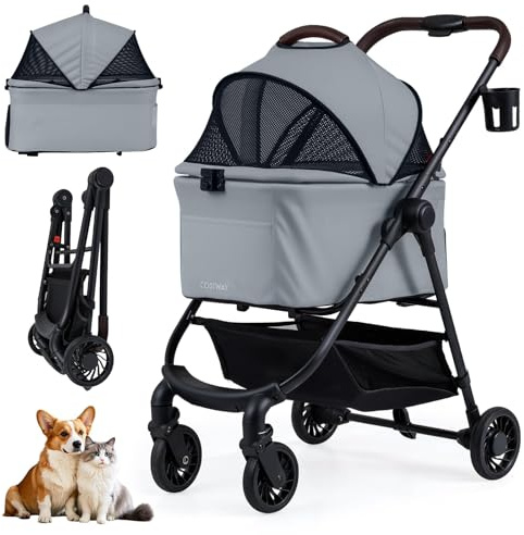 FANTASK 3 in 1 Hundewagen, Hundebox Tragetasche bis 15 kg mit verstellbarem Netzdach & Korb & Getränkehalter, Haustier Buggy klappbar, Hundebuggy für Hunde Katzen Haustiere (Grau, 1)