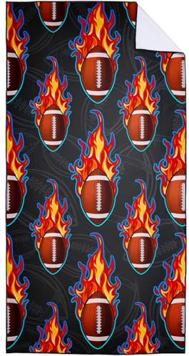 Violetpos Mikrofaser Groß Strandtuch 90x180 cm - Schnelltrocknendes & Kompaktes Handtuch/Strandhandtuch, American Football mit Flammen Motiv Badetücher für Reise Urlaub Camping mit Tasche