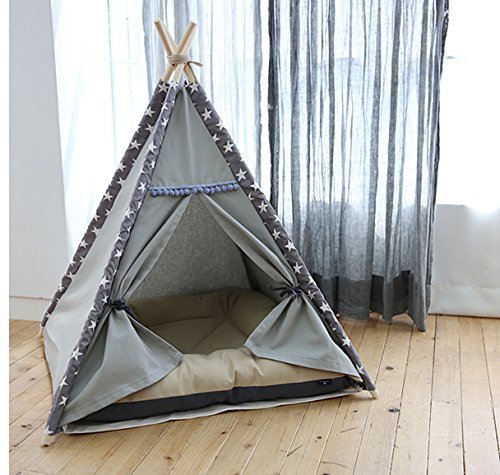 Lily&her friends -Haustier-Tipi,Baumwoll-Leinen-Zelt für Hunde (Welpen) und Katzen,waschbares,Wigwam,tragbare Hundezelte,Haustierhäuser von indischem Design mit dickem Kissen (grau,kleine Sterne,groß)