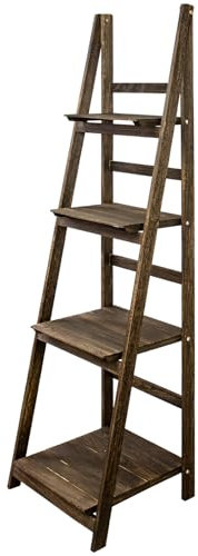 Kingpower Regal Leiterregal Holz Wandregal Bücherregal für Küche Wohnzimmer Badezimmer Modern 4 x Ablagen Deko Bilderrahmen Pflanzen in 4, Farbe:Braun