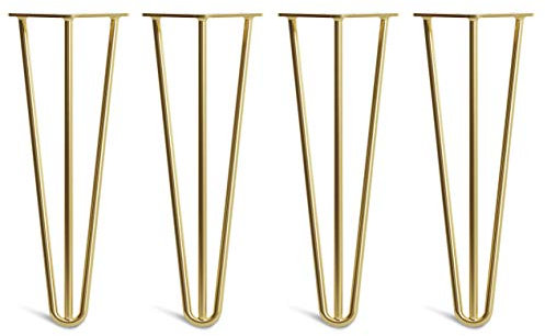 The Hairpin Leg Co. 4X Haarnadel-Tischbeine: Doppel-Schweiß Stahl, Schrauben, Anleitung, Schutzfüße. Klassischer 10mm 3 Stangen Stil. 35cm Messing