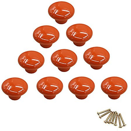 NUODWELL 10Pcs Round Colorful Ceramic Cabinet Knobs Single Hole Pull Handle for Drawer,Cupboard,Dresser,Door (Orange)