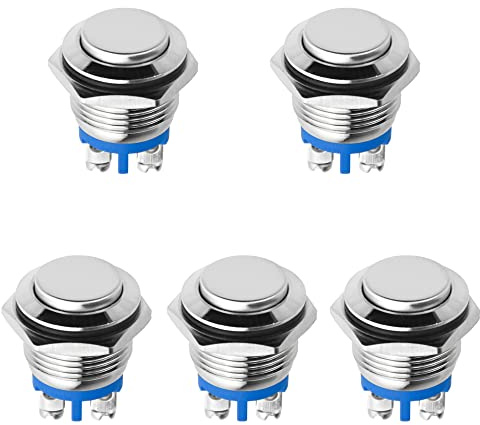 16mm Momentary Push Button Switch 1NO SPST DC/AC 36V 2A, 5 Pcs Waterproof Stainless Steel Push Button Switch for Car Truck RV Boat