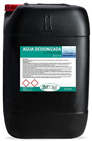 EQM - ECO-112 - Agua Desionizada Ultra Pura - 25L -Agua Desmineralizada - Evita la formación de Cal - Muy Baja conductividad - Multitud de utilidades
