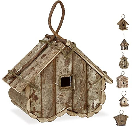 Relaxdays Deko Vogelhaus zum Aufhängen, unbehandeltes Holz, Balkon, Garten, Nistkasten HxBxT: 32 x 29 x 16 cm, Natur