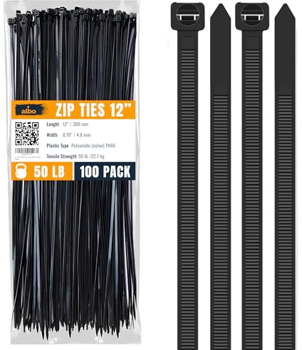 ALBO Black Zip Ties 12 Inch 100 Pack Long Plastic Cable Ties Thick 0.19 Inch Tie Wraps Heavy Duty 50lb UV Resistant Nylon Wire Ties for Indoor and Outdoor