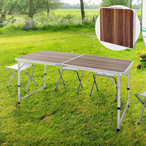 ECD Germany Campingtisch Klapptisch mit Tragegriff 120x60x55/63/70 cm Braun aus Aluminium und MDF Holzdekor höhenverstellbar klappbar - Falttisch Gartentisch Balkontisch Reisetisch Arbeitstisch Tisch