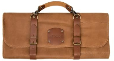 Arcos Bolsa Cuchillos Bolsa Cuchillos Cocina Profesional Estuche Profesional Porta Cuchillos 10 pzas | 42 cm Largo | Asa para Transportar| Cuero Color Miel| Hebilla Ajustable