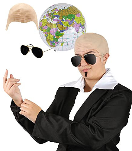 Mr Worldwide Zubehör-Set für Erwachsene, nackte Glatze, schwarze Sonnenbrille, aufblasbarer Globus, schwarzer Seelen-Aufnäher, Musik-Ikone, berühmte Prominente, Kostümzubehör-Set