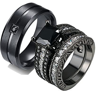ANAZOZ 2 Stück Eheringe Paarpreis Edelstahl Vergoldet 8mm Breit Gebürstet Solitär Diamantring Trauringe Partnerringe Bandringe Ring Damen und Herren Schwarz Frau:49 (15.6) & Mann:57 (18.1)