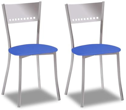 2 Sillas metálicas con respaldo de escalera y asiento tapizado - Estructura color aluminio - Asiento en Polipiel azul