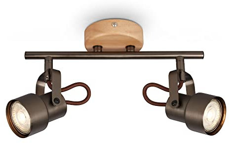 BRILONER Leuchten LED Deckenlampe retro mit Holz, 2-flammige Deckenleuchte vintage, warmweiße Farbtemperatur, verstellbarer LED Spot, rustikaler Deckenspot 2872-025 Antik-grau