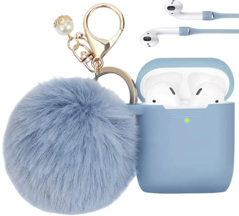 PERSONALLY YOURZ Airpods 2nd Gen Case Cover For Apple Airpods【Front LED Visible Support Wireless Charging】Cute Airpods Case With Anti-loss Straps & Soft Fluffy Pompom - LIGHT BLUE