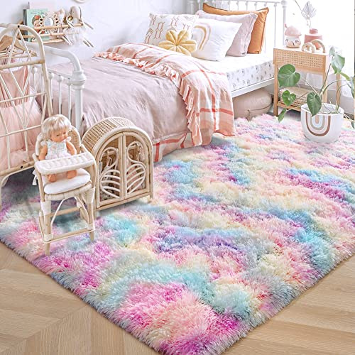 ISEAU Regenbogen-Teppich für Mädchenzimmer, 0,9 x 1,5 m, flauschiger Teppich für Wohnzimmer, abstrakter abstrakter Teppich, ultra kawaii, bunt, langflorig, niedlicher Einhorn-Teppich für Dekoration