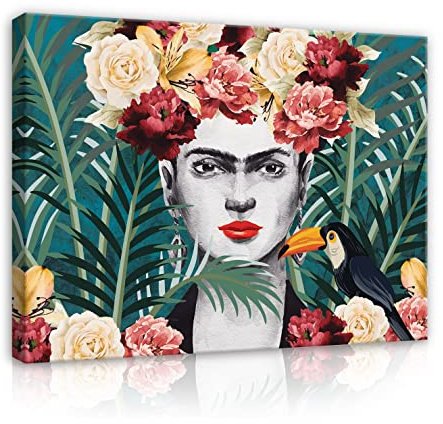 WallArena - Leinwand Bilder - Frida Kahlo Blumen Blätter Tukan - 100x75 cm Leinwandbilder - Bild auf leinwand - Wandbild XXL groß Wandbilder für Wohnzimmer Schlafzimmer Wohnzimmerbilder Modern