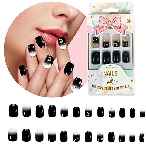 Andiker Press on Nails, False Nails Square Deep Ocean Glitter UV Gel False Medium Length Cute Artificial Fake Nails with Nail Glue Glossy and Reusable Full Cover Wear Nail for Women (Stars)