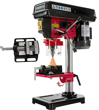 Arebos Column Bench Drill | 500 W | Integrated Position Laser | 13 mm Sprocket Drill Chuck & Vice | 5 Speed Levels | 0-45° Tilt Angle
