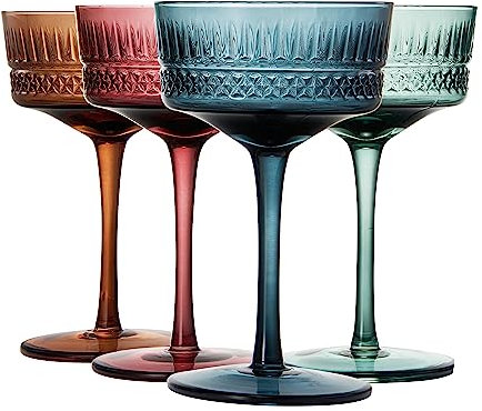 Khen Colored Glass Glasses | Set of 4 | Large Art Deco Glassware Muted Vintage Glasses for Wine, Champagne, Cocktail, Margarita, Wine Glass, Gift Idea, Muted Pastel Colors Goblets - Original Coupes