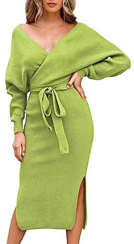 Fixmatti Abito da donna elegante con scollo a V, maniche a pipistrello, schiena scoperta, maxi abito con cintura, verde lime, M