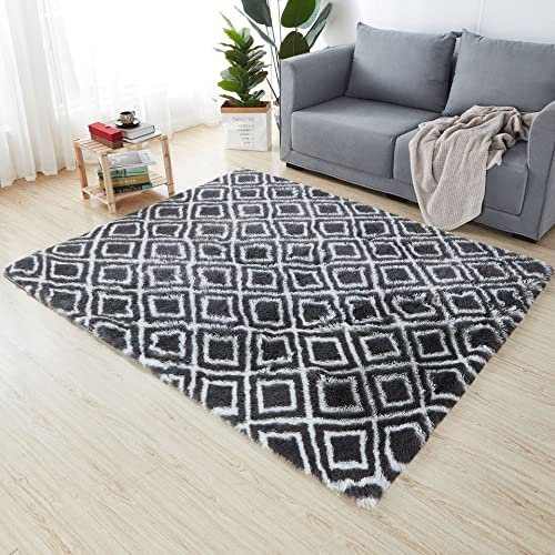 Reyox Shaggy Teppich Hochflor Langflor, Teppiche Modern rutschfest Pflegeleicht für Wohnzimmer Schlafzimmer Bettvorleger Rhombisch Dunkelgrau Weiß 100 x 200 cm