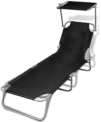 BULANED Klappliege mit Sonnendach, Sonnenliege, Gartenliege, Liegestuhl, Liegestühle, Sonnenschutz Garten, Terrassenliege, Strandliege, Stahl und Stoff Schwarz