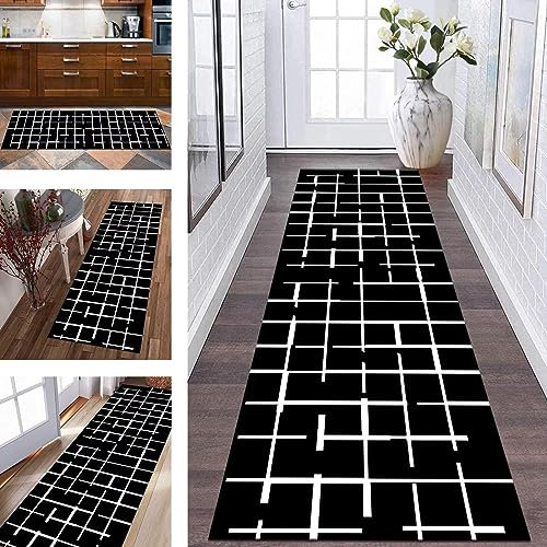 Teppich Läufer Flur rutschfest Küchenläufer Schwarz Weiß Korridor Teppichläufer Waschbar 120X160CM Modern Lang Flurläufer Teppichmatte Küche Schlafzimmer Kinderzimmer Wohnzimmer Meterware Fußmatten