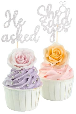 Cupcake-Topper mit Aufschrift He Asked She Said Yes für Verlobung Brautparty, Party, Cupcake-Dekoration, glitzernde Foto-Requisiten…