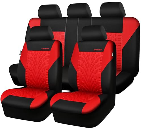 CAR PASS Autositzbezüge Komplettes Set, Vorder und Geteilte Rückbank, 3D Reifendruck Auto-Innenbezüge, Airbag Kompatibel, Schnelle Einrichtung, Universelle Passform(Komplettes, Schwarz und Rot)