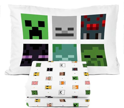Sunny Side Up Minecraft Creeper & Animals Twin Sheet Set - 3 Piece Kids Bedding Set Includes Pillow Cover - Super Soft Microfiber Sheets