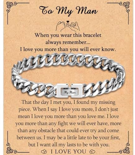 TEVOP Gifts for Him, My Man Engraved Bracelet Love Gifts for Boyfriend Husband, Cuban Chain Bracelet Romantic Gift for Him Birthday Christmas Valentines Day Presents for Boyfriend Husband