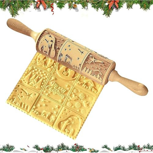 Mattarello in rilievo, mattarello di Natale con motivo di legno fiocco di neve rattan mattarello con goffratura di Natale in rilievo Mattarello fai da te Natale goffratura pasta accessori da forno per