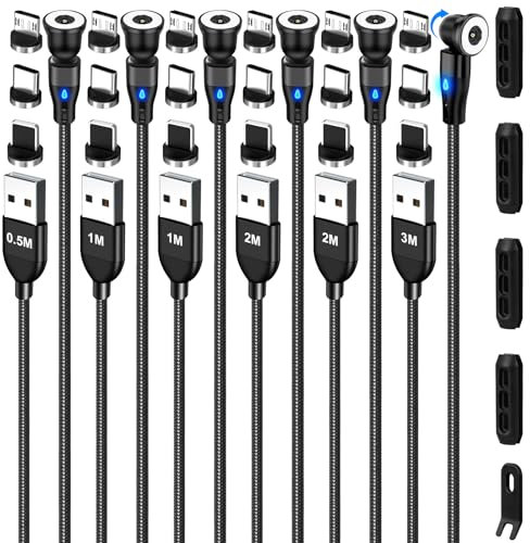 AXFEE 6Pack 12W Magnetic Charging Cable - 1.6ft/3.3ft/6.6ft/9.8ft USB with 6 Organizers, 3-in-1 1Pin Magnetic Charger for Type C/Micro USB/i-Products